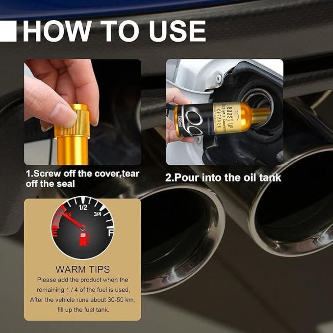 Instructions on how to use a car oil additive product with close-up shots and text.
