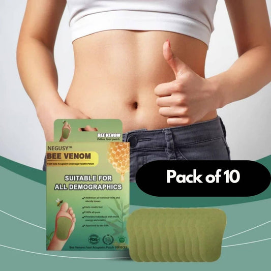 Person showing a pack of NEGUYS Bee Venom products with a thumbs-up gesture on a light gray background.