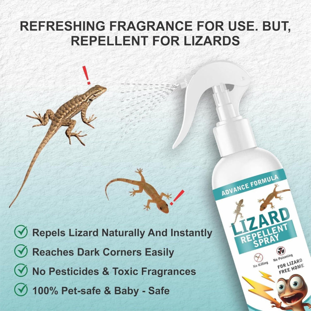 Lizard Repellent Spray bottle with lizard illustrations and text on a light blue background