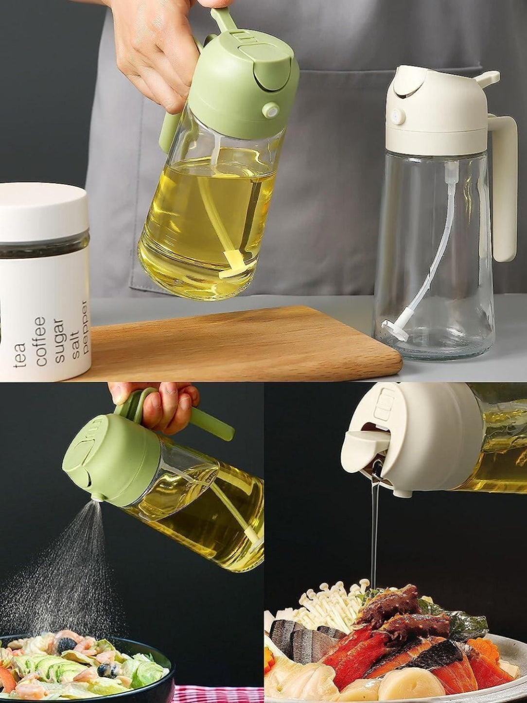 Collage of a person using an oil sprayer on food with close-up shots of the sprayer and oil.