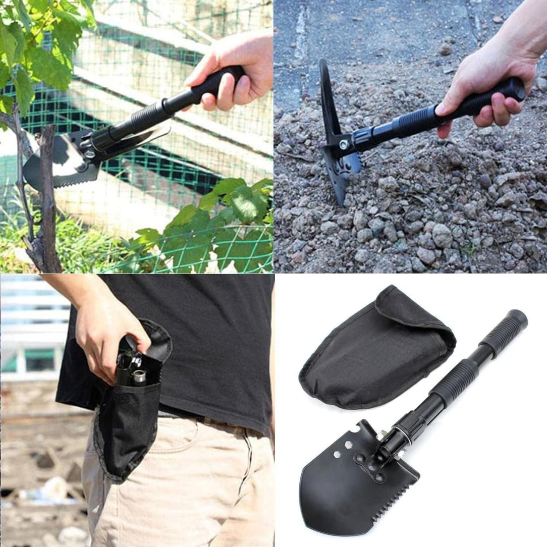 Collage of a folding shovel being used, stored in a case, and held by a person outdoors.