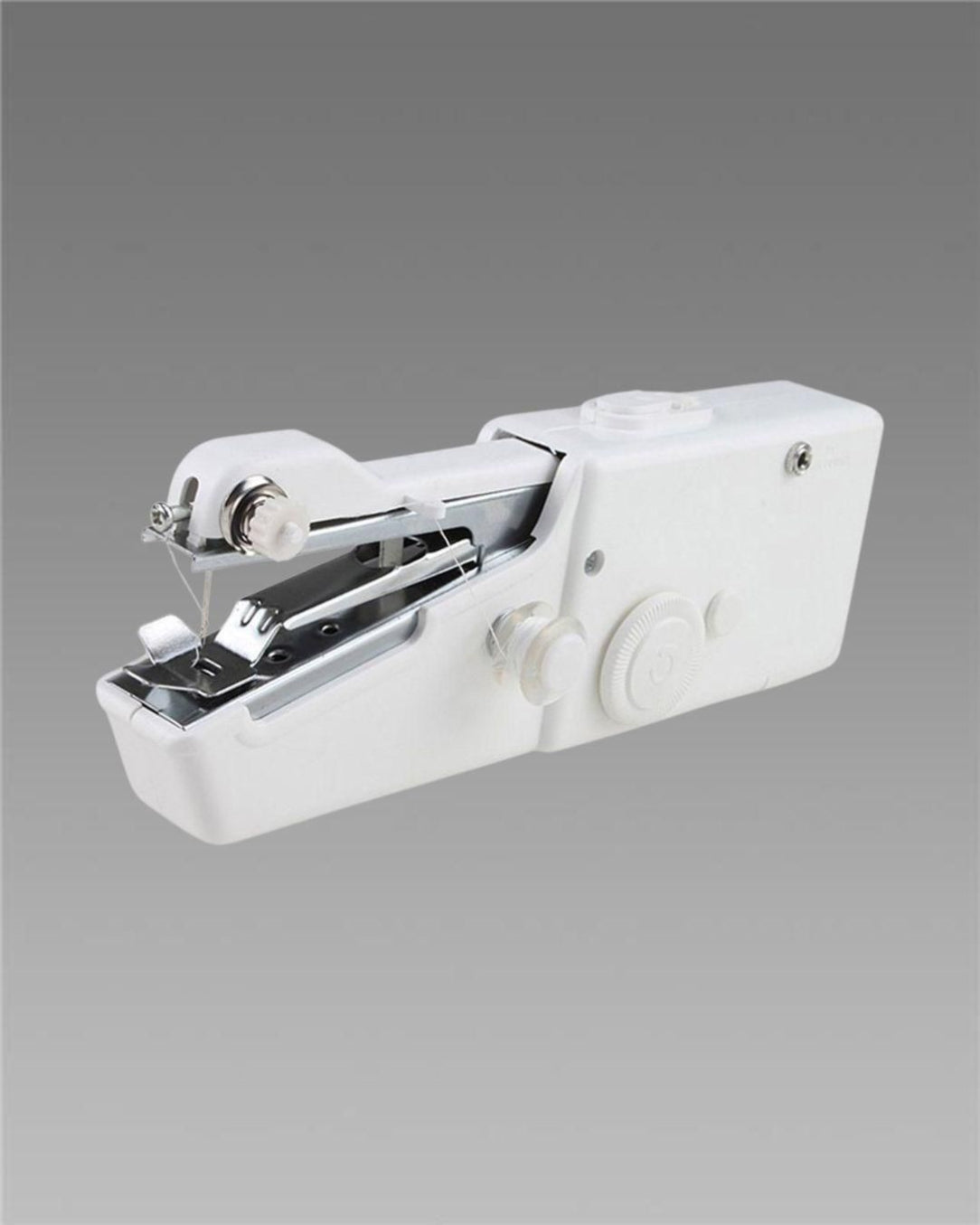 White handheld sewing machine on a gray background