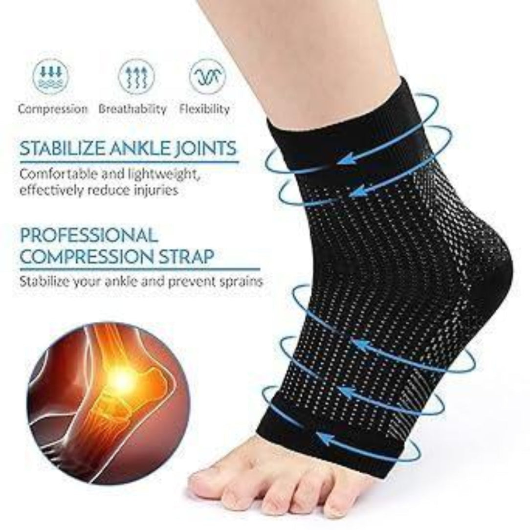 Black ankle support brace on a foot with text highlighting features on a white background