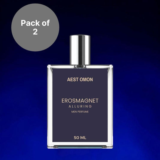 AEST OMON EROSMAGNET Alluring Men Perfume, showing a 50ml perfume bottle with 'EROSMAGNET' printed on it, indicating it's a product for men. The image also indicates a 'Pack of 2' offer.