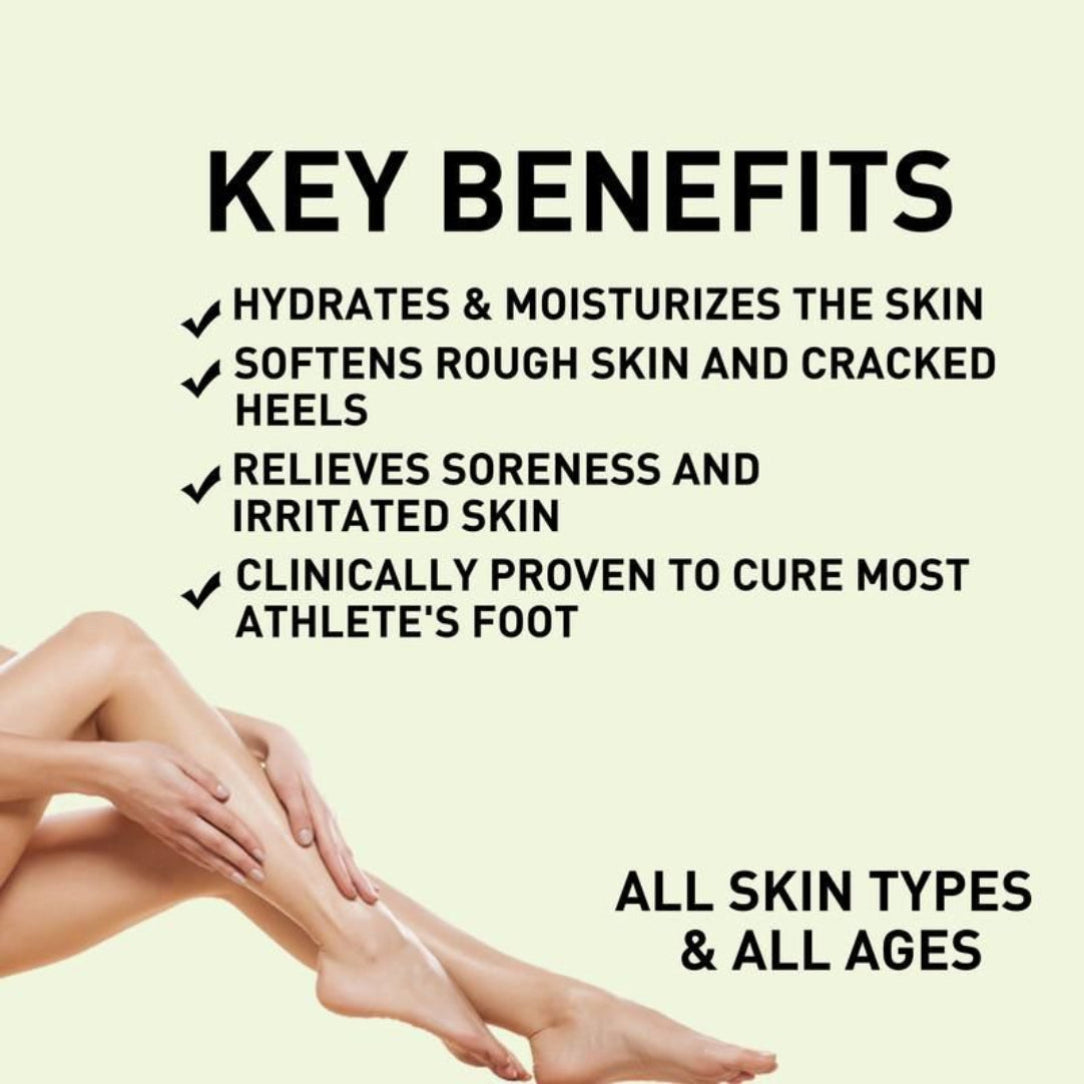 Key benefits of a skin care product on a beige background with a person's legs.