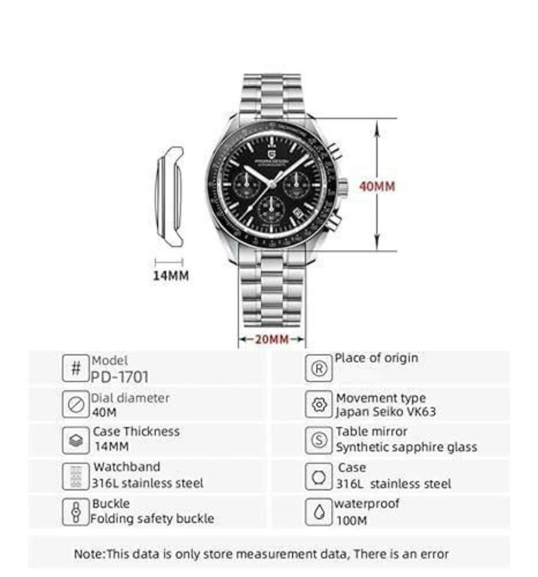 Technical specifications of a watch on a white background