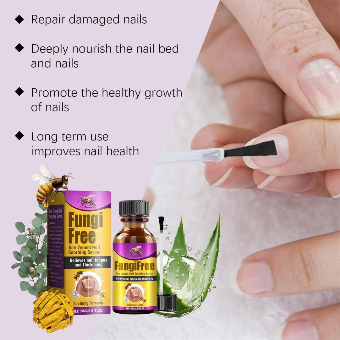 Fungi Free nail treatment product with a hand holding a dropper and text about nail care benefits.
