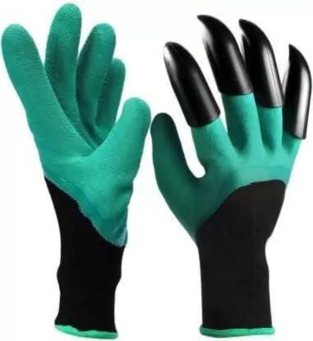 Pair of gardening gloves with clawed fingers on a white background