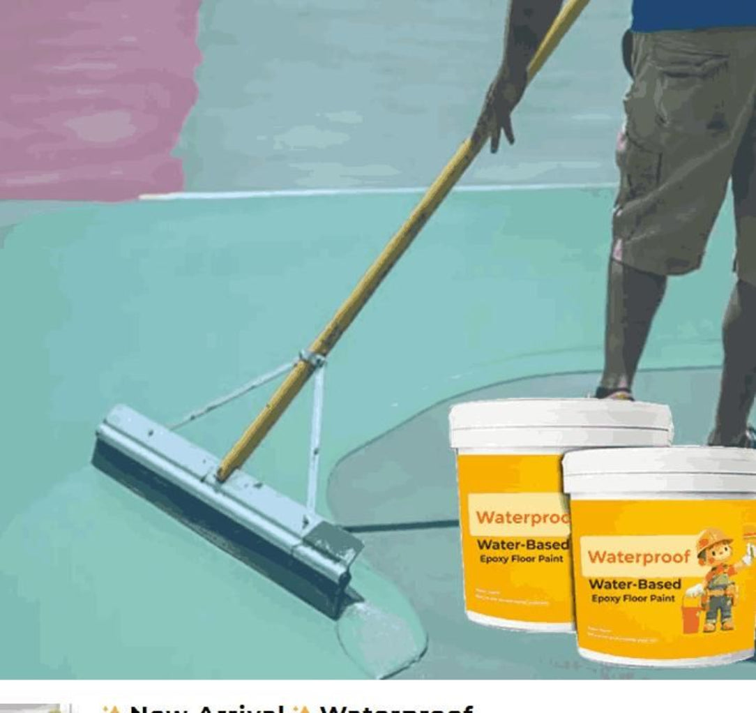 Person applying waterproof water-based epoxy floor paint with a squeegee and two paint cans in the foreground.