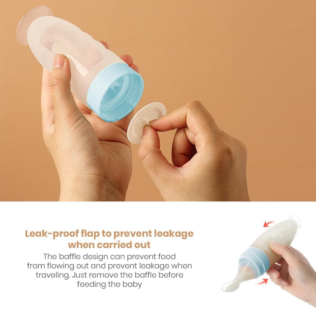 Bottle with leak-proof flap being demonstrated on a beige background