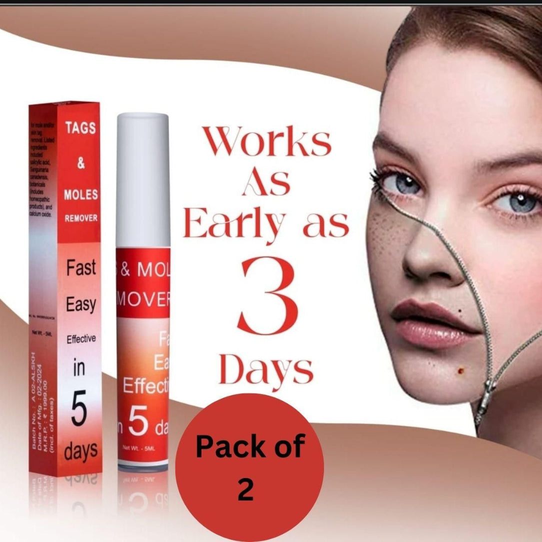 Product packaging for a mole remover with a woman's face showing freckles.
