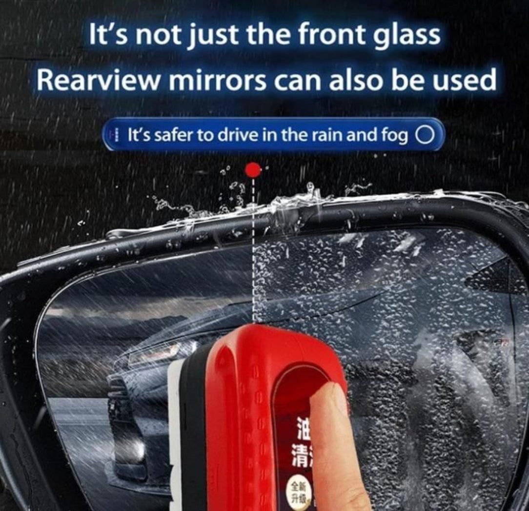Red device being used on a car's rearview mirror with text about its safety benefits in rain and fog.