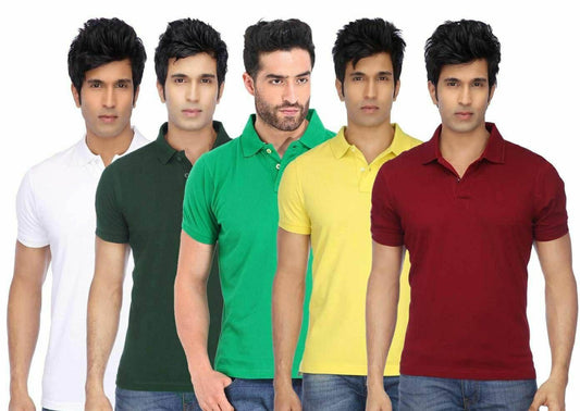 Five men wearing different colored polo shirts on a white background
