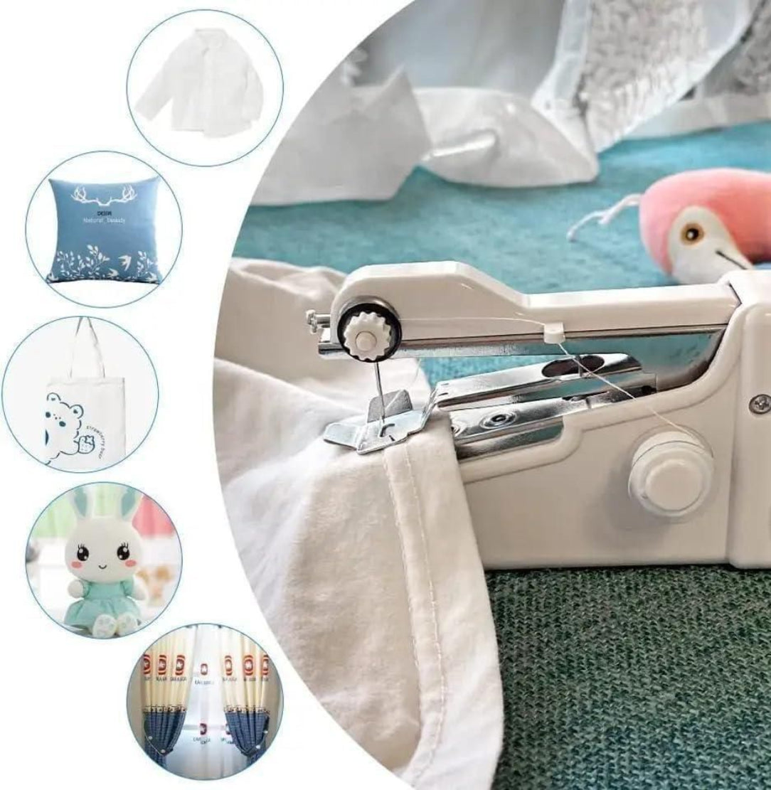 Handheld sewing machine stitching fabric with decorative elements on a white background
