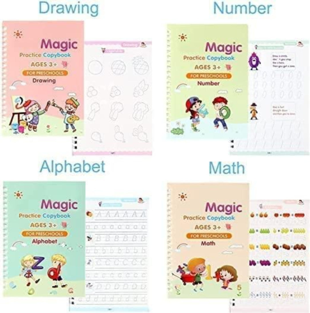 Collection of children's educational books on drawing, number, alphabet, and math with colorful covers and text.