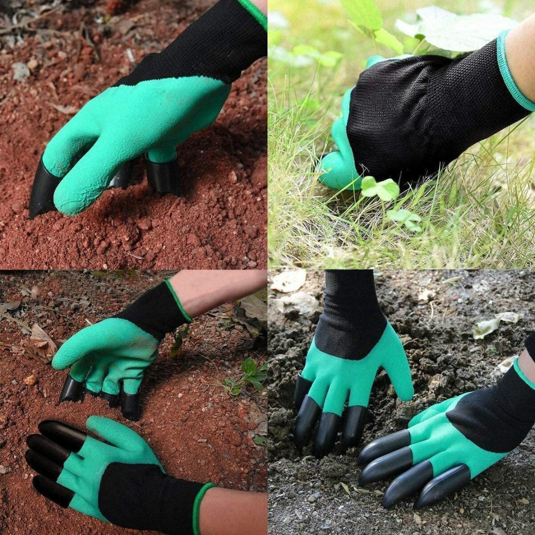 Gardening gloves with clawed fingers being used in gardening activities.