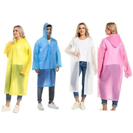 Four people wearing colorful raincoats on a white background