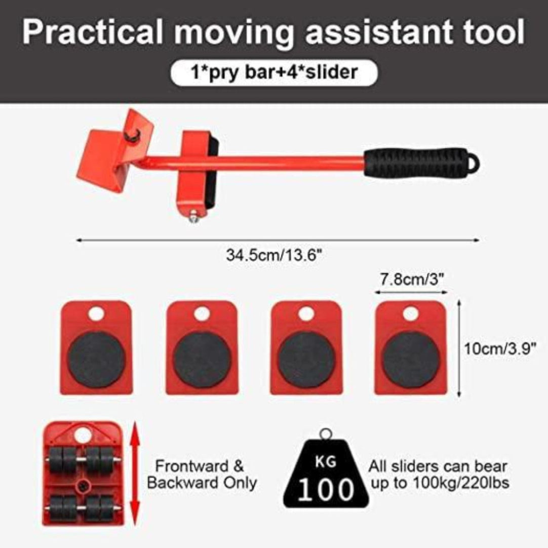 Practical moving assistant tool with pry bar and sliders on a white background