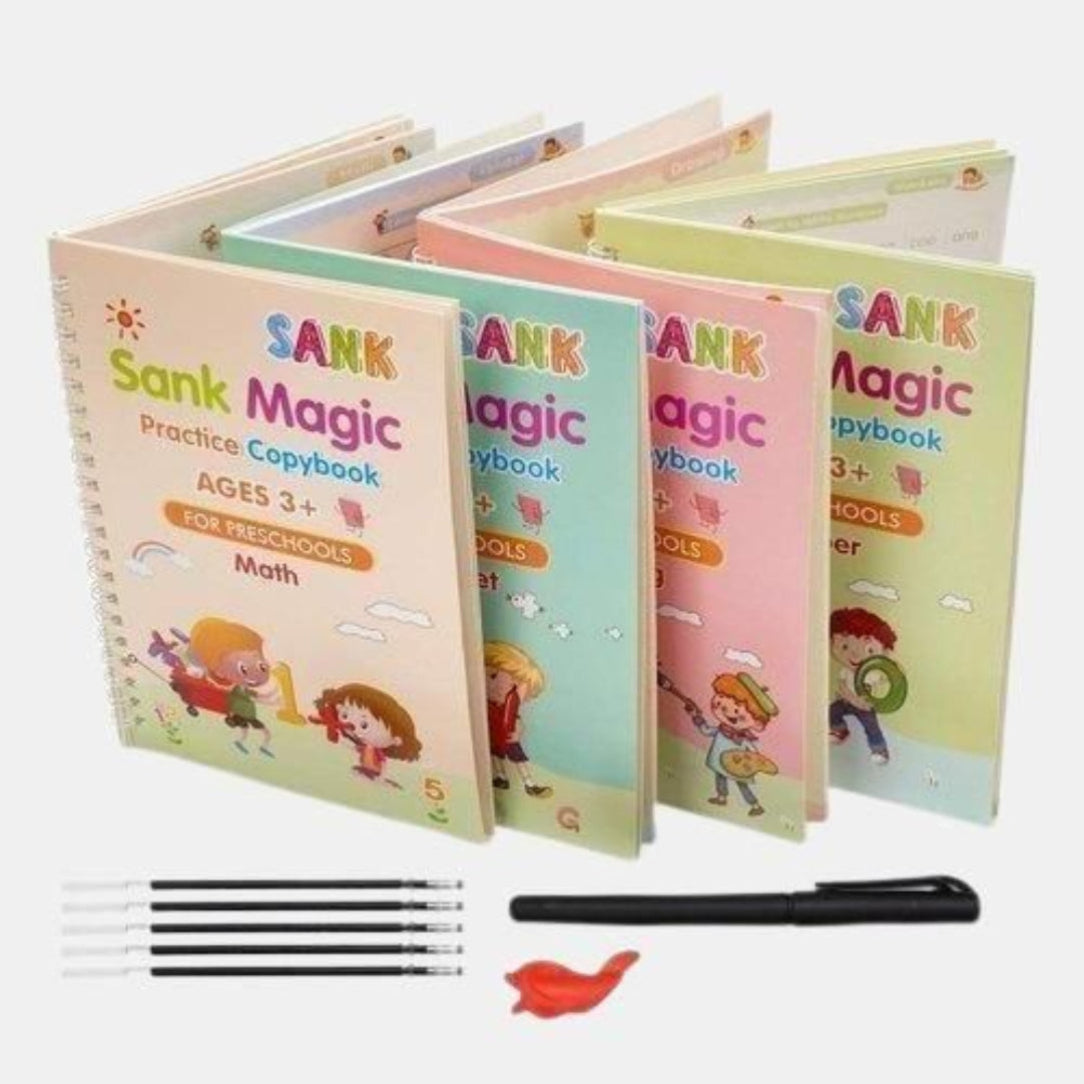 Set of Sank Magic Practice Copybooks for preschoolers with pens and a fish toy on a white background