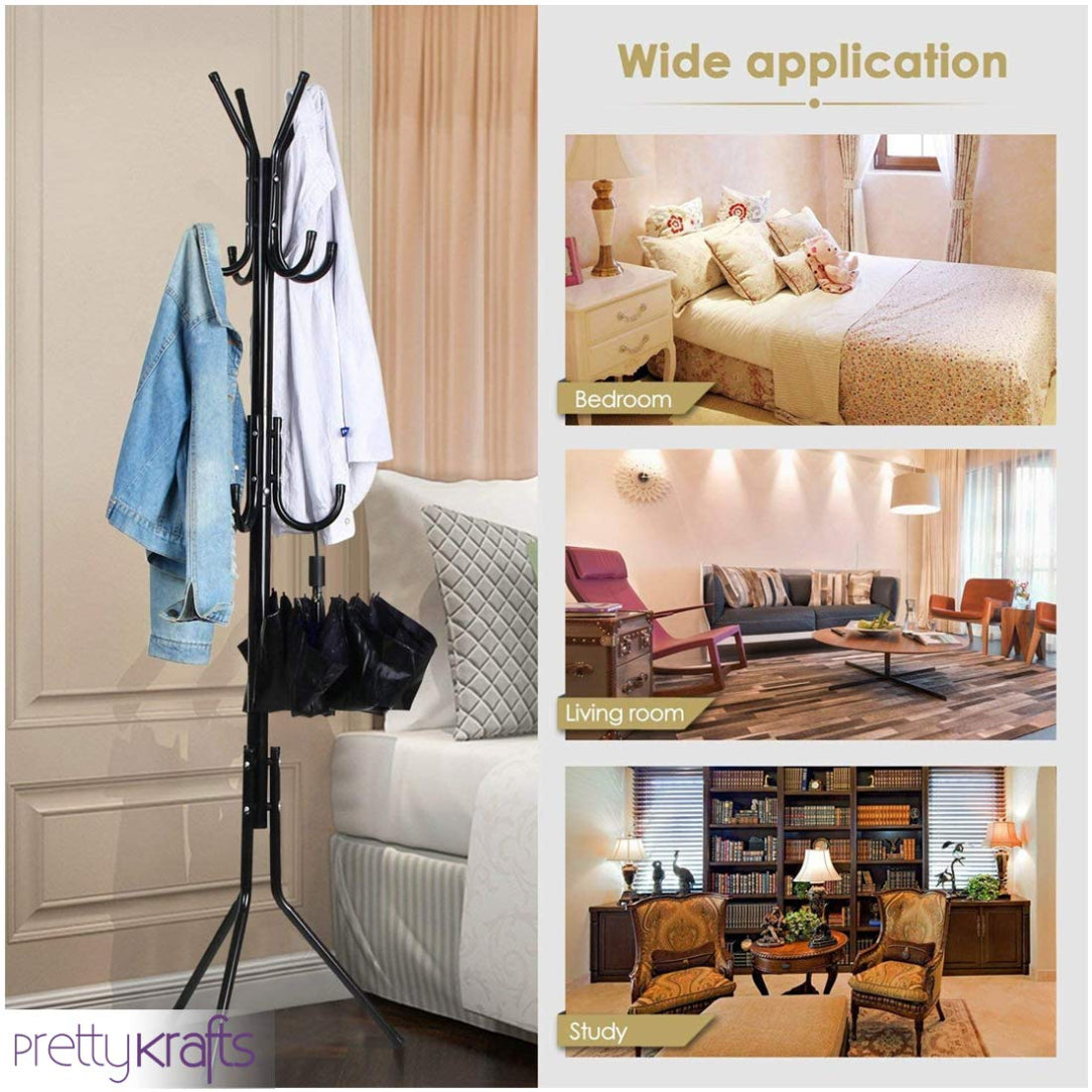 Hanger stand with clothes in a bedroom, living room, and study area with 'prettykrafts' branding.