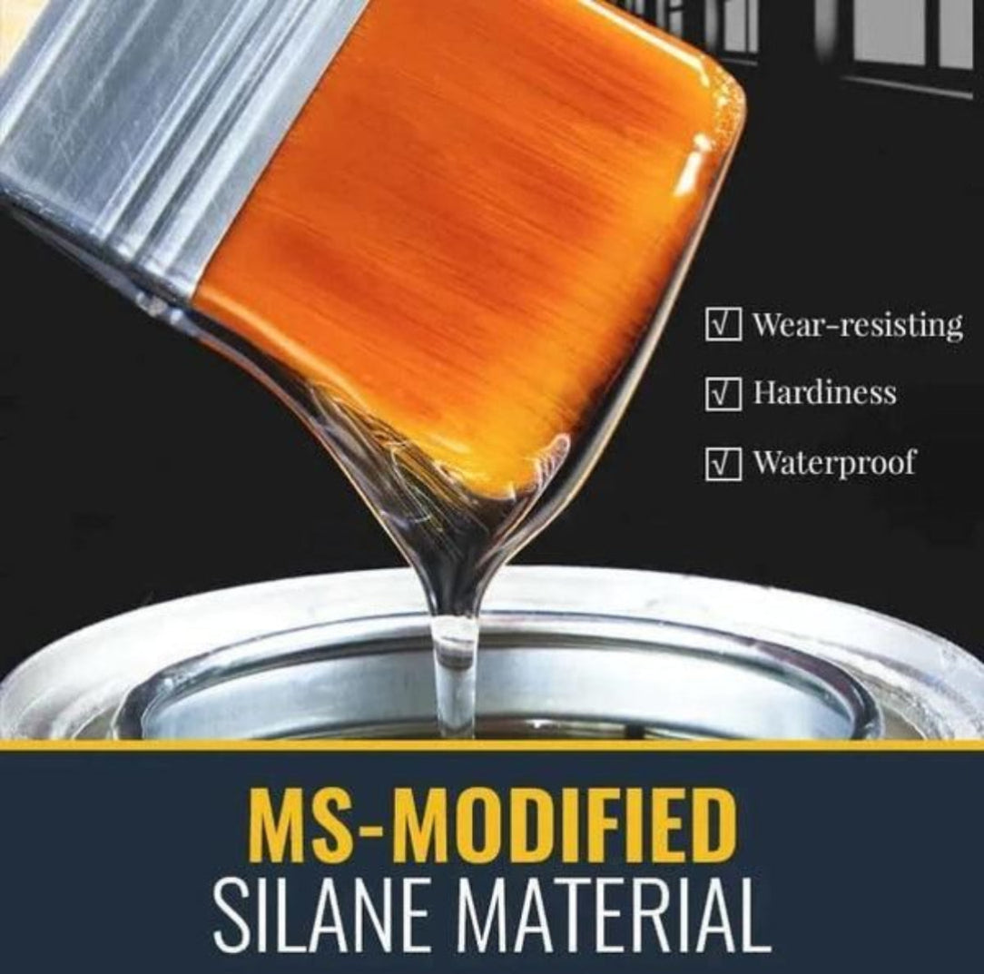 MS-modified silane material being applied with a brush, highlighting wear-resisting, hardiness, and waterproof properties.