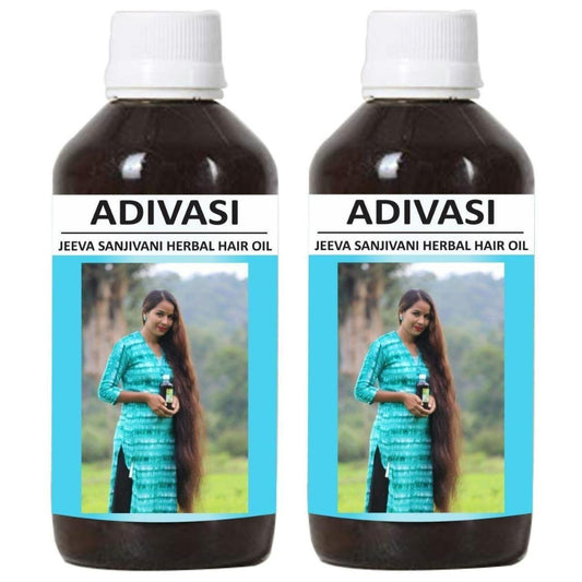 Two bottles of Adivasi Jeeva Sanjivani Herbal Hair Oil with a woman holding oil on labels.