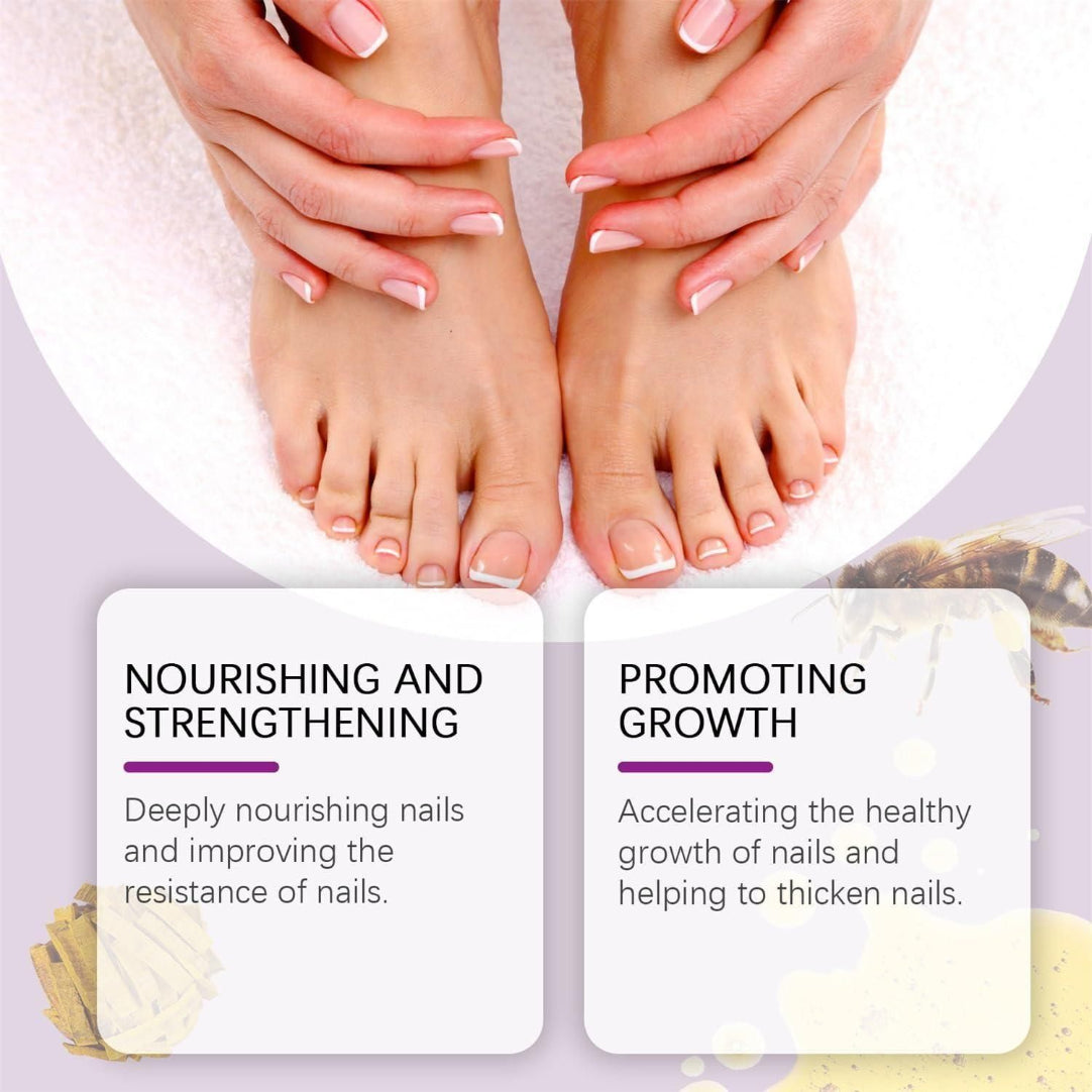Naked feet with pink nail polish on toes, surrounded by text boxes describing nail care benefits.