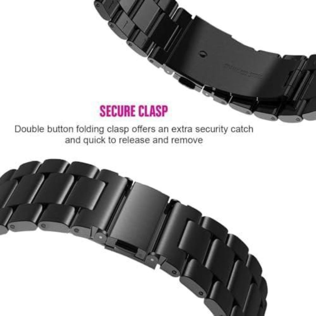 Black metal watch strap with secure clasp on a white background