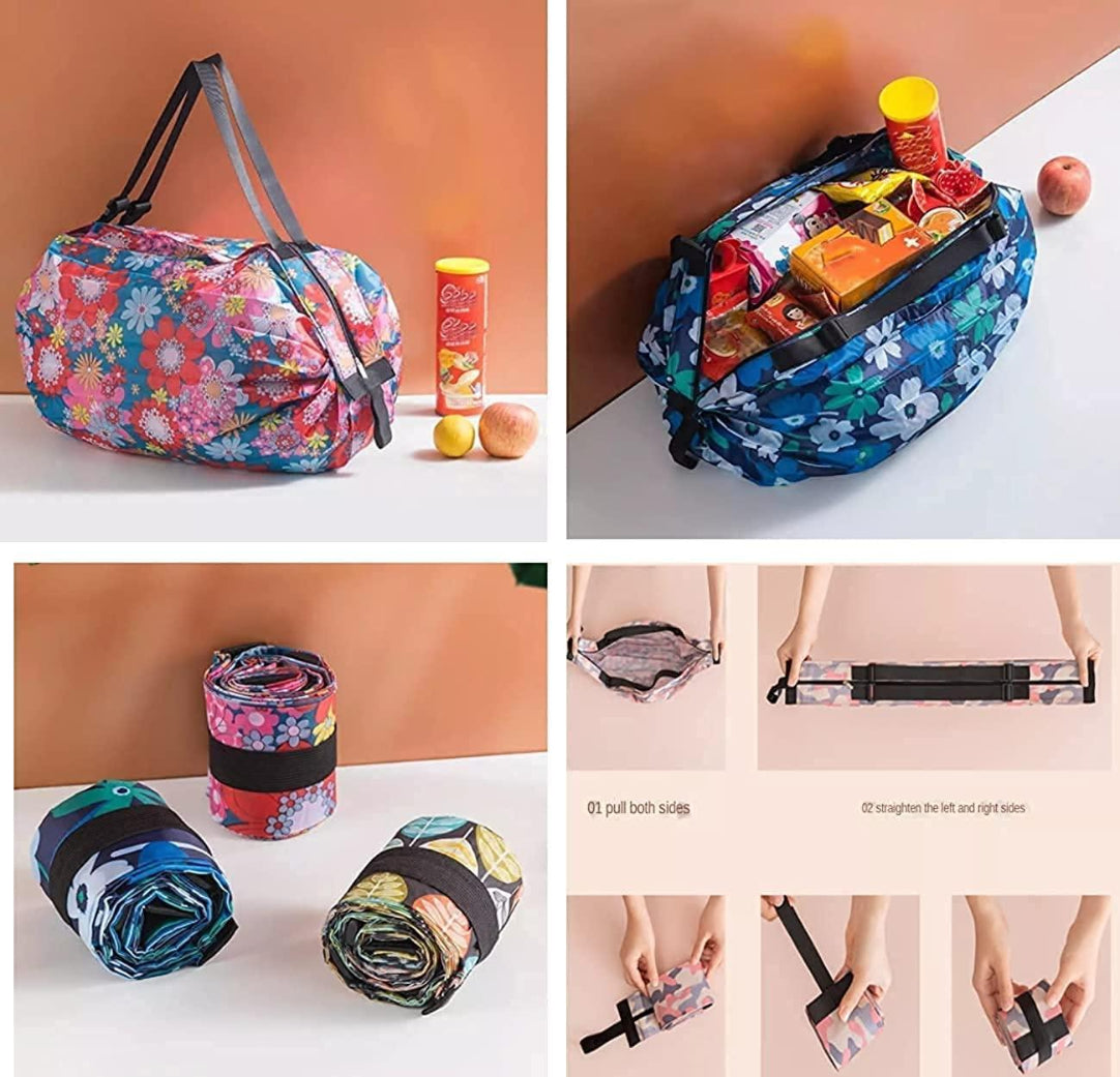 Collage of a colorful bag with various items, including a bottle and snacks, on a white surface.