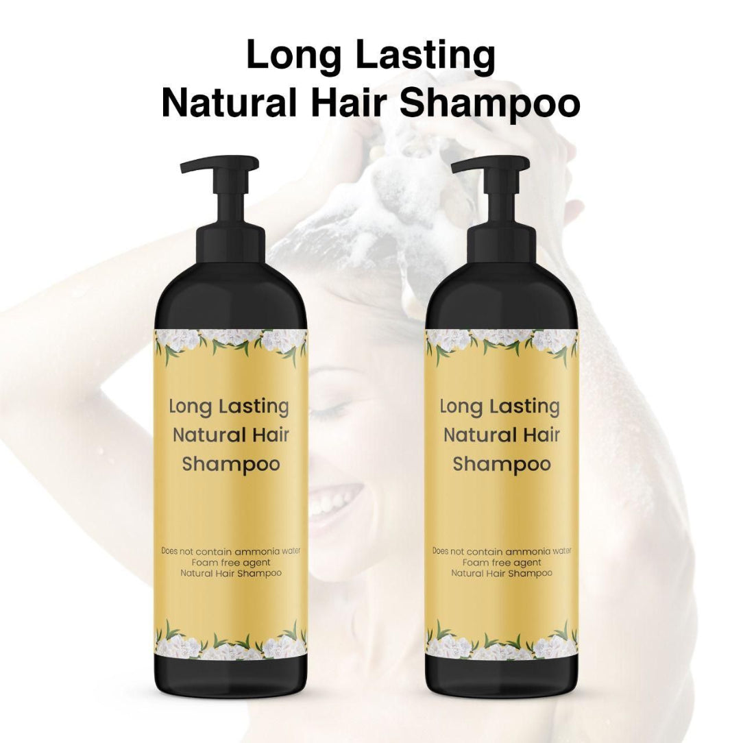 Two bottles of 'Long Lasting Natural Hair Shampoo' with pump dispensers on a white background.
