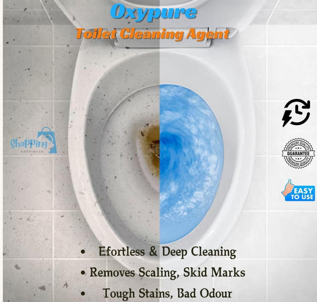 Advertisement for Oxypure Toilet Cleaning Agent showing before and after effects on a toilet.