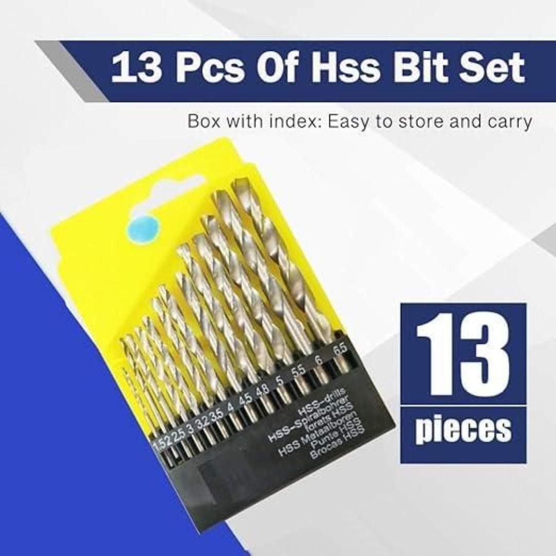 13-piece HSS drill bit set in a yellow and black packaging with text indicating the quantity.