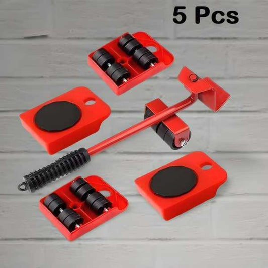 A set of 5 red furniture lifter mover tool sets with black wheel pads and a lever handle.
