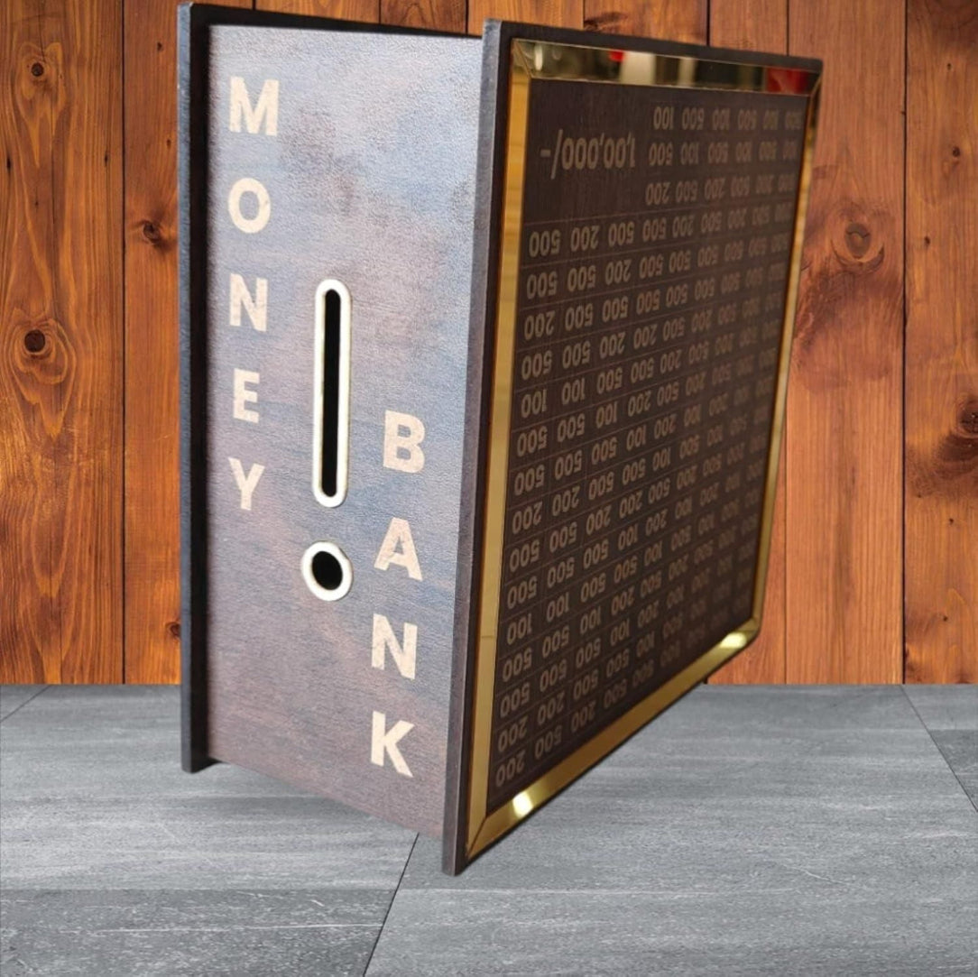 Decorative metal panel with 'MONEY BANK!' text against a wooden background