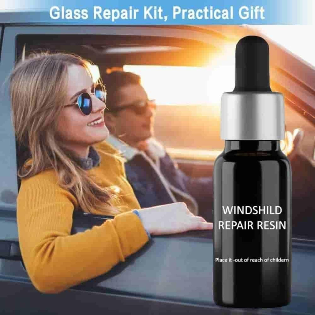 Bottle of Windshield Repair Resin with a scenic background of a couple in a car.