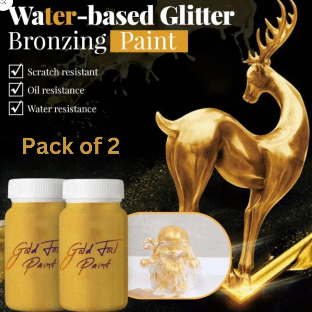 Gold glitter bronzing paint with two jars and a gold deer statue on a dark background
