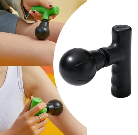 Person using a green and black massage gun on their arm with a close-up of the device.