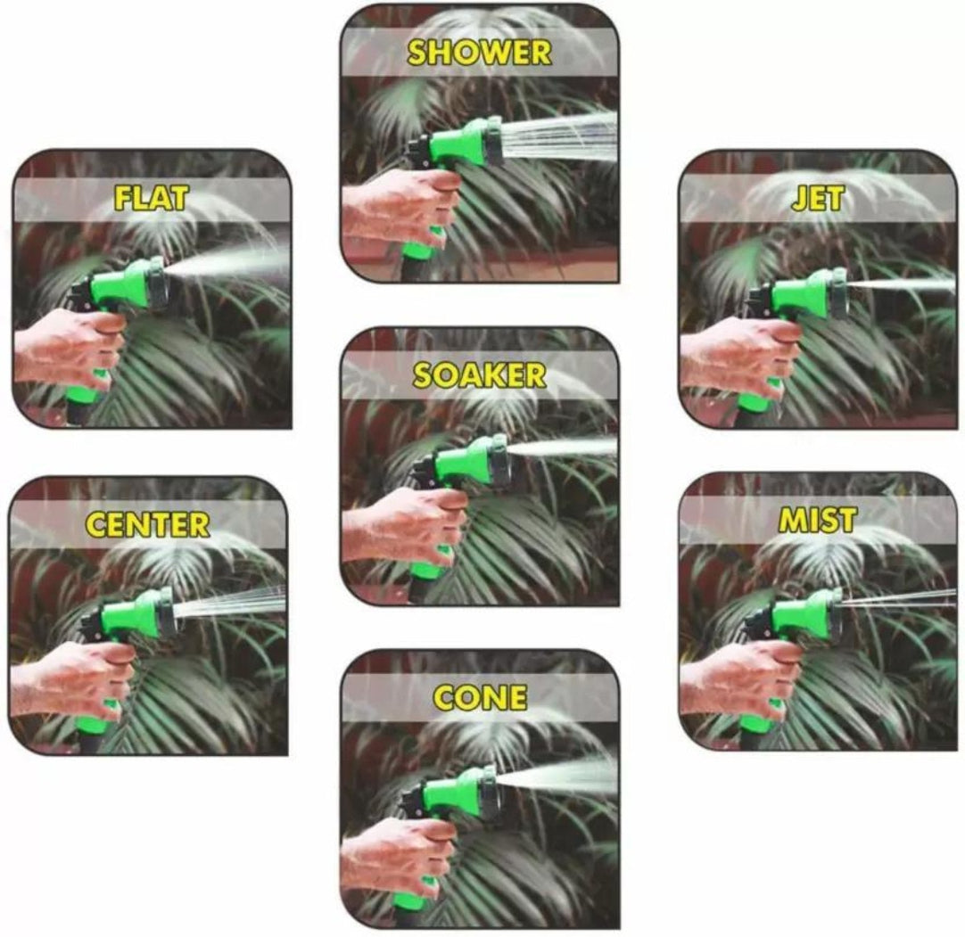 Set of eight images showing different spray patterns of a garden hose nozzle.