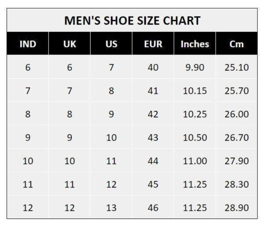 Men's shoe size chart with measurements in inches and centimeters