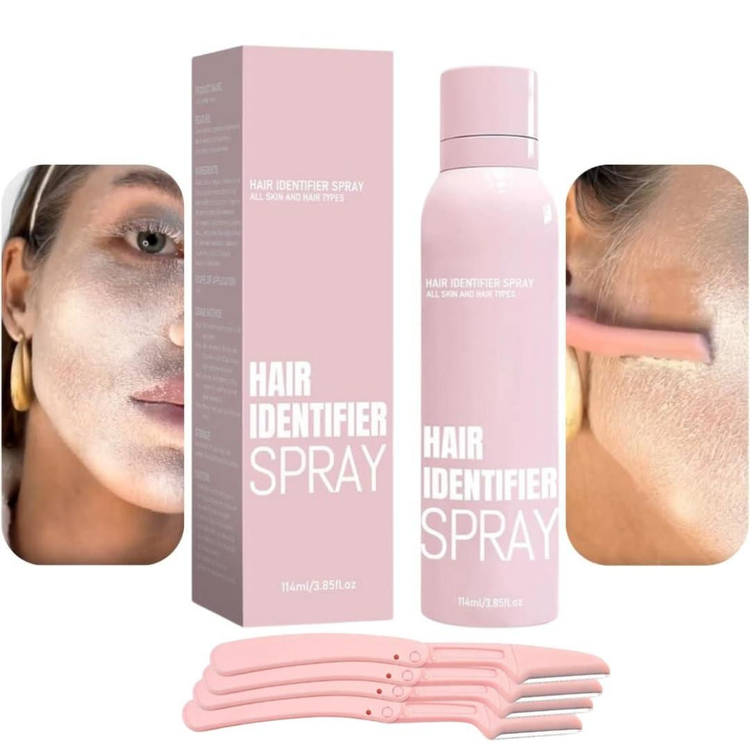 The image shows a pink Hair Identifier Spray bottle with a spray nozzle, accompanied by four pink razor blades. There are also images depicting the product's use on facial hair.