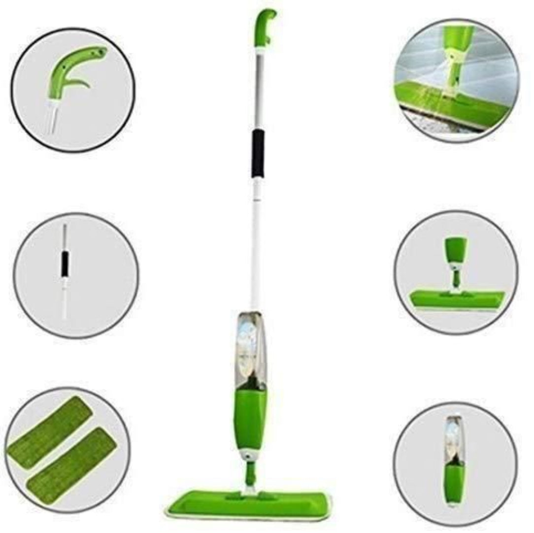 Green spray mop with various attachments on a white background