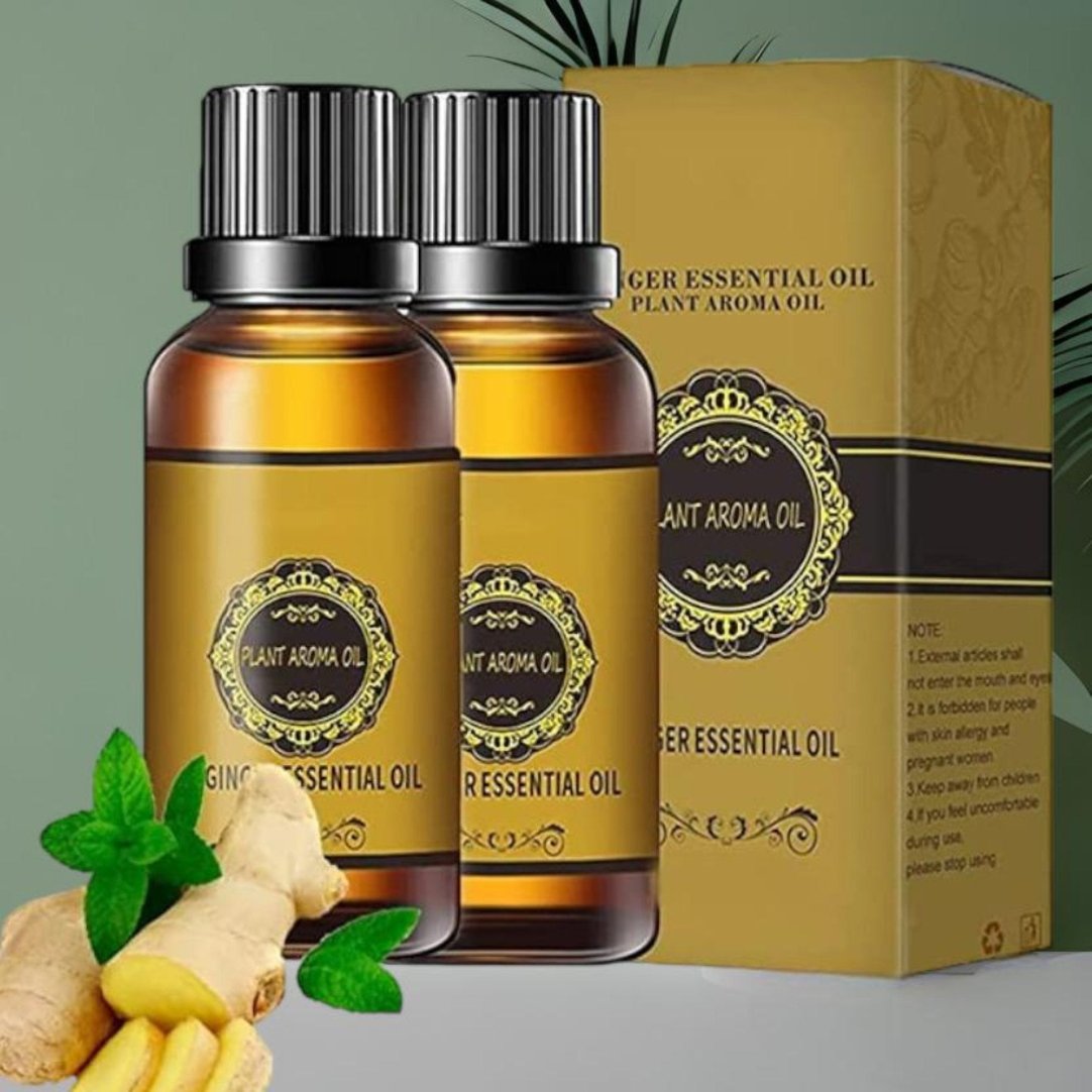 Two bottles of plant essential oil with a ginger scent, placed next to a single piece of ginger root, against a green background with a decorative plant leaf.