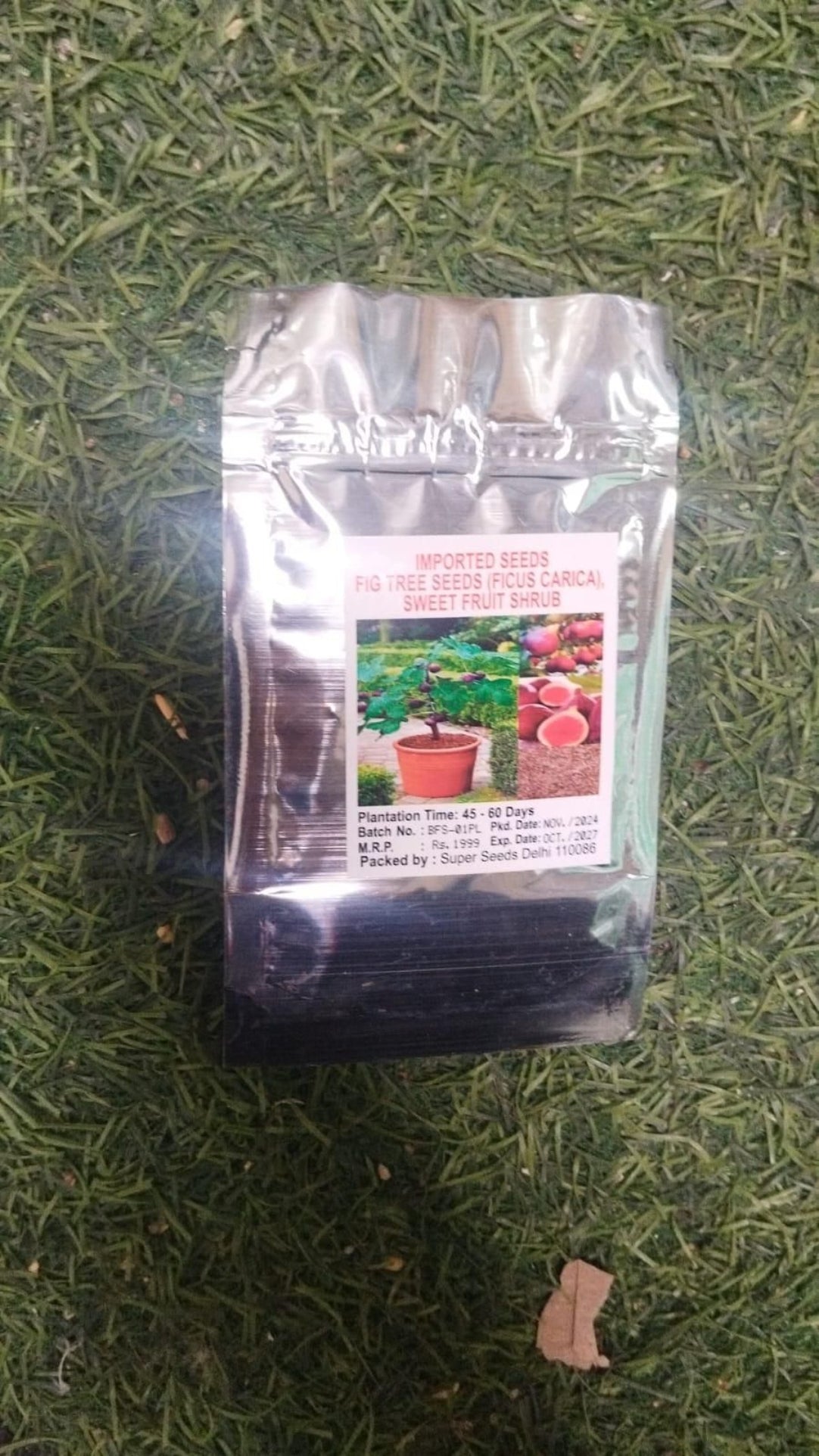 Seeds packet on grass with visible branding