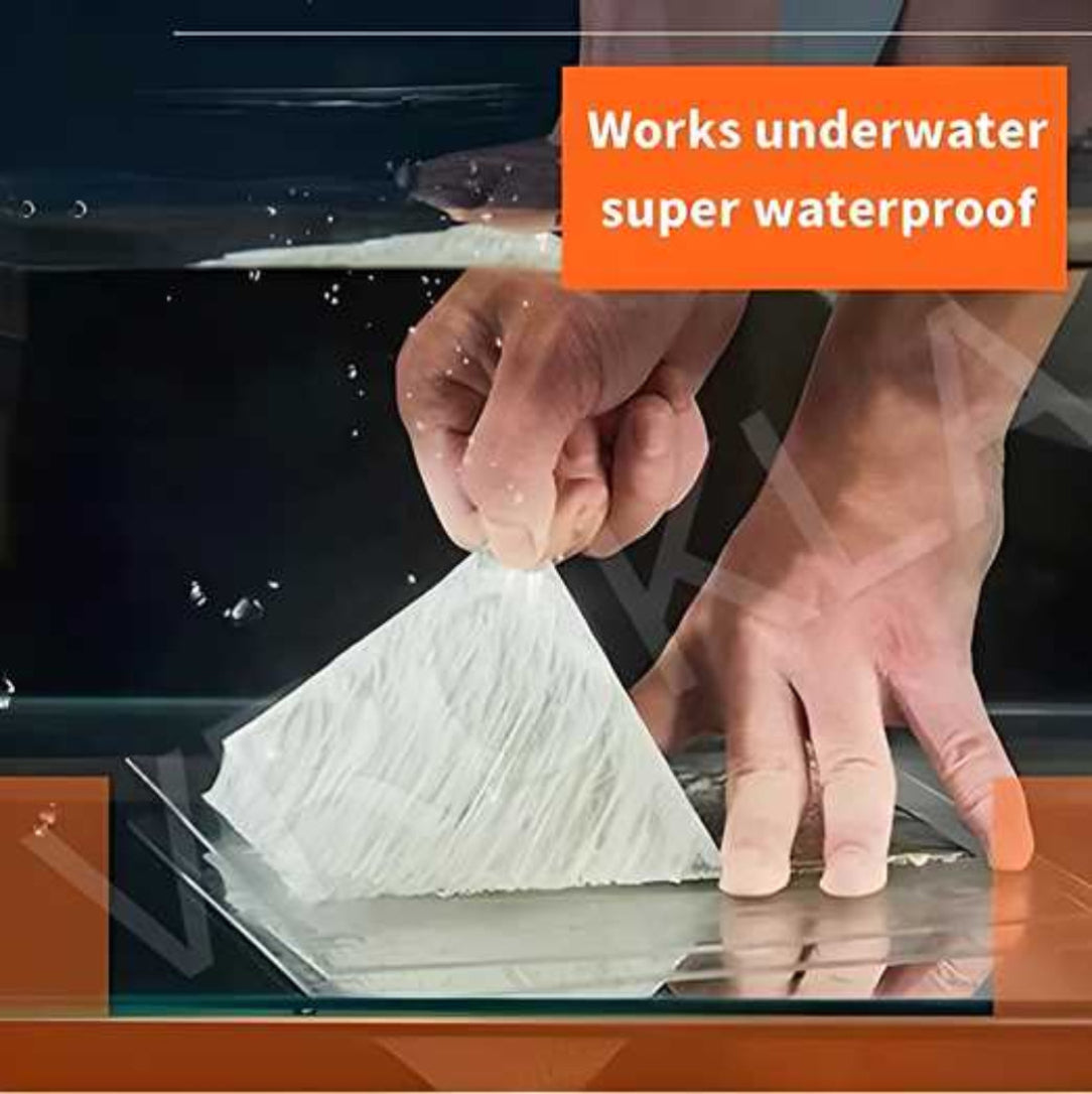 Hand pressing a transparent sheet onto a surface with water droplets, text 'Works underwater super waterproof' displayed.
