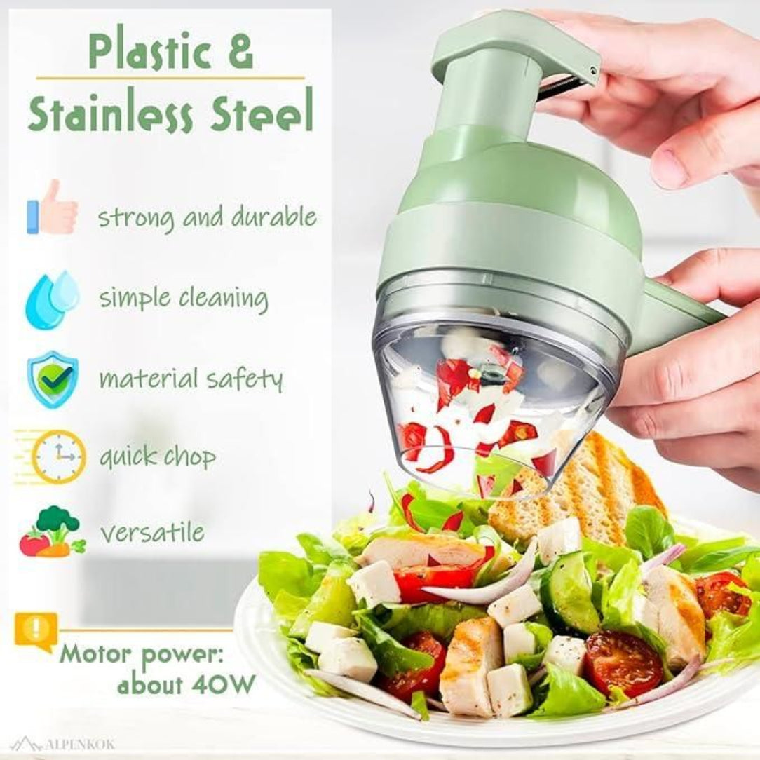 Handheld food chopper with salad on a plate, featuring text about its features.