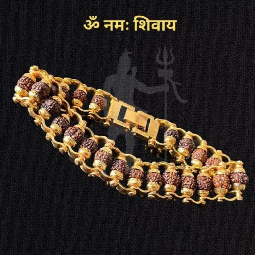 A gold-plated Rudraksha bracelet with multiple beads featuring an iconic Hindu deity.
