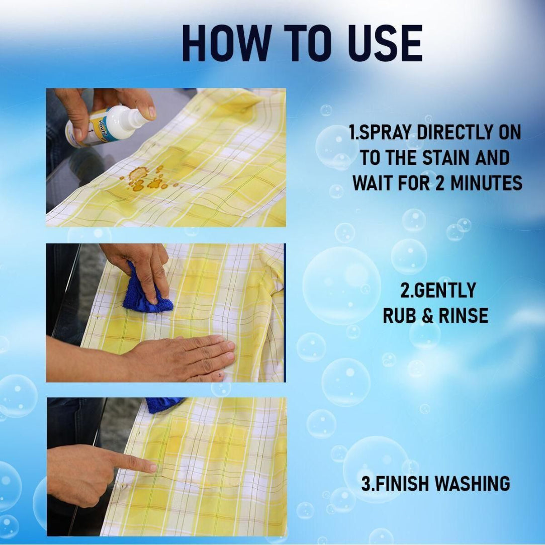 Instructions on how to use a cleaning product on a stained fabric with step-by-step visuals.