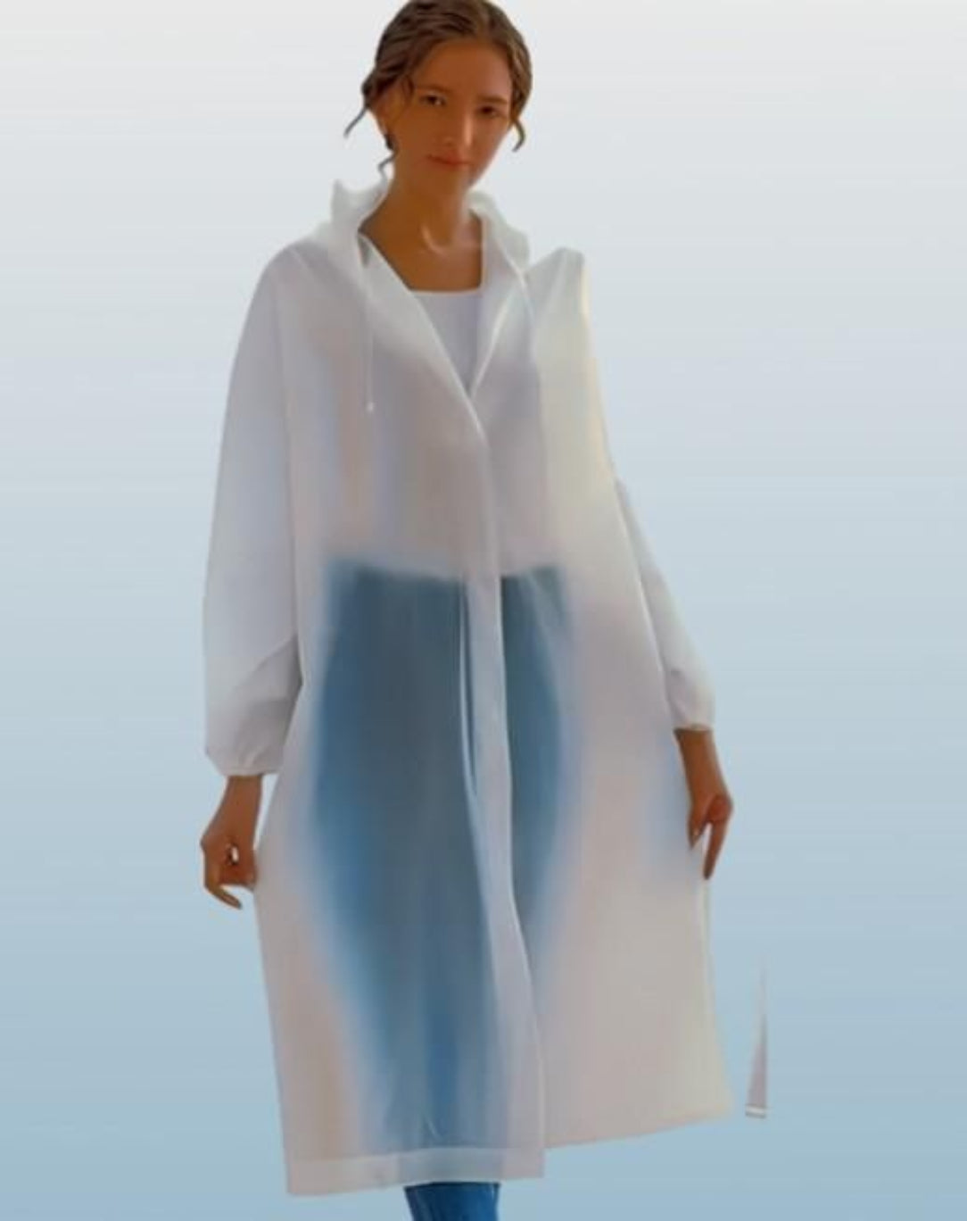 Woman wearing a long white garment with a blue gradient on a light gray background