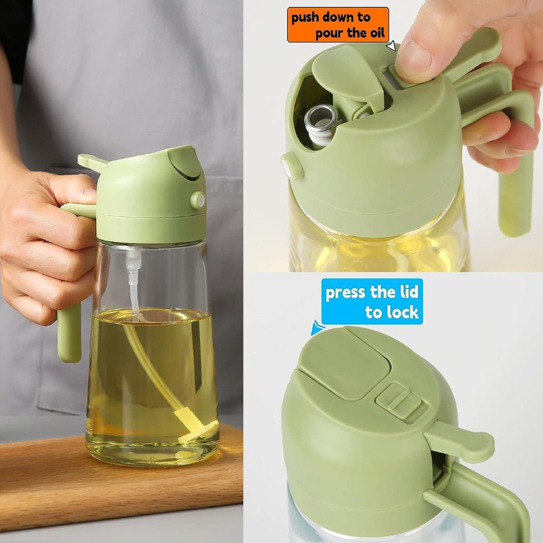 Green oil dispenser with handle and pouring mechanism, held by a person.