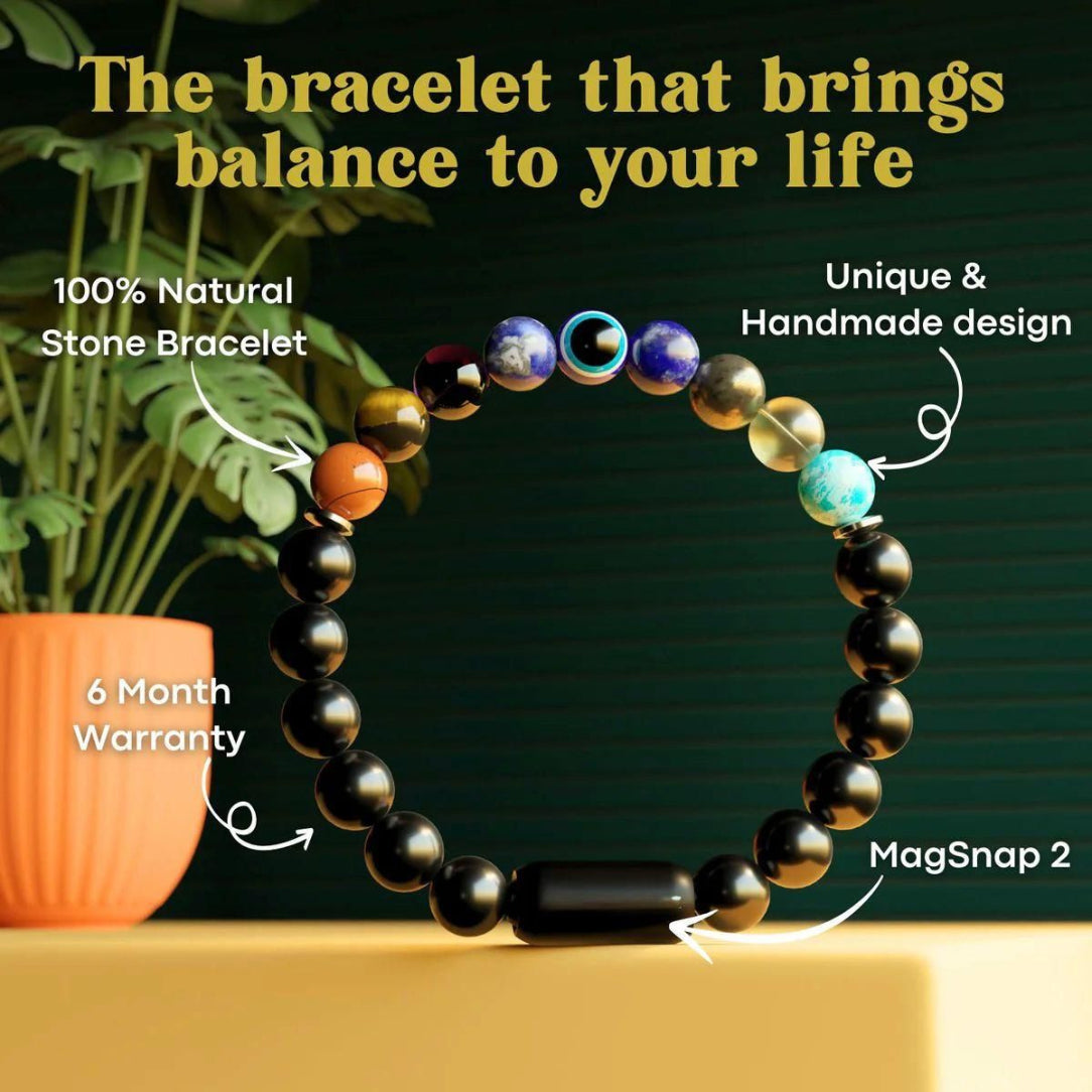 Natural stone bracelet with colorful beads on a dark green background